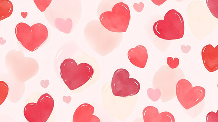 A whimsical pattern featuring a variety of hearts and floral elements in shades of red and pink against a light beige background , valentines day 