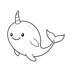 Cute Kawaii Narwhal Outline - Adorable Cartoon Sea Animal Coloring Page
