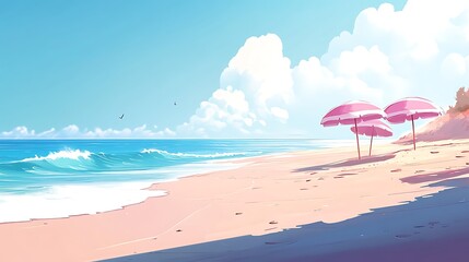 Pink Umbrellas Shade A Sandy Beach Beside A Calm Ocean