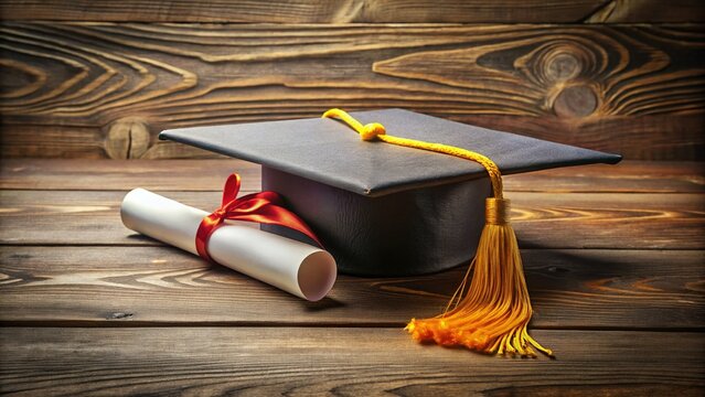 2020 Class Graduation Cap And Diploma Over Dark Wood Table Top