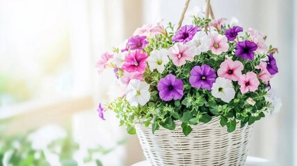 Fototapeta premium Colorful petunias in a white wicker hanging basket indoors near a window