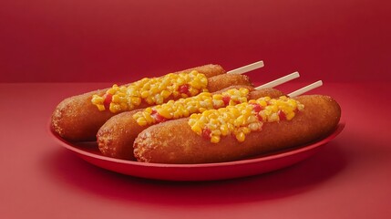 Side view of plate with five corn dogs on red background