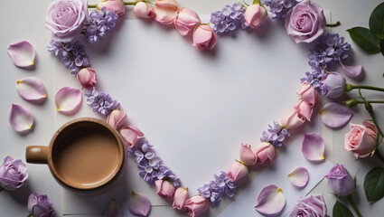 Obraz premium Romantic Soft Lilac Flowers Rose Petals Blank White Paper and A Mug of Steamy Coffee for Intimate Ambiance Romantic Wallpaper Background Idea Inspiration