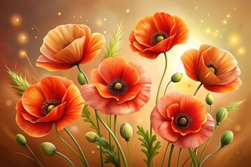 Beautiful Close-up of Poppy Flowers Against Beige Wall