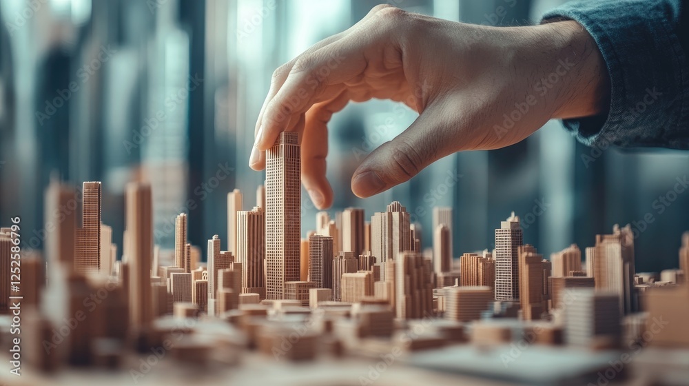 Poster a hand gently placing a wooden skyscraper model within a cityscape, symbolizing growth and developme