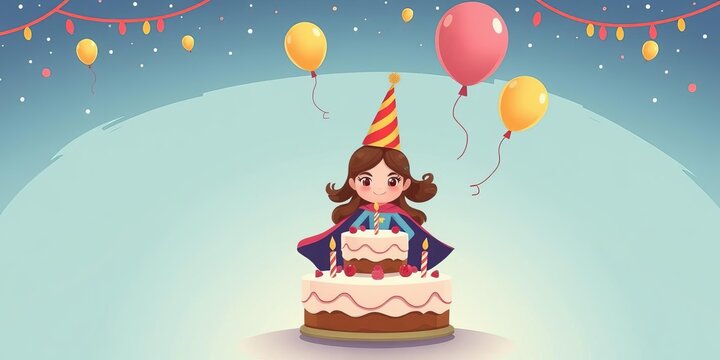Illustration of a cute kid in a superhero costume surrounded by air balloons and a birthday cake, perfect for a birthday party invitation template, illustration, invitation, girl