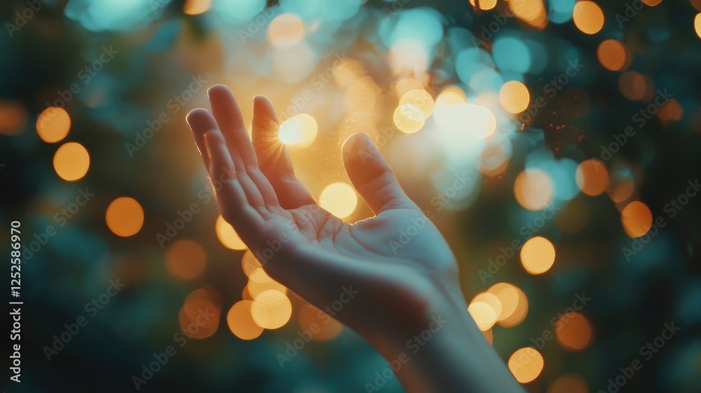 Poster a hand raised with grace, positioned against a glowing, soft bokeh background, symbolizing serenity 