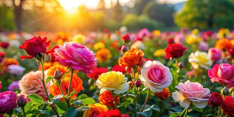 Obraz premium Close-Up Dew-Kissed Roses in a Morning Field - Ample Copy Space