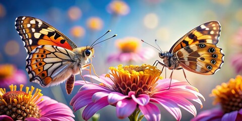 Close-up of Butterfly and Bee Pollinating Vibrant Flowers in a Garden