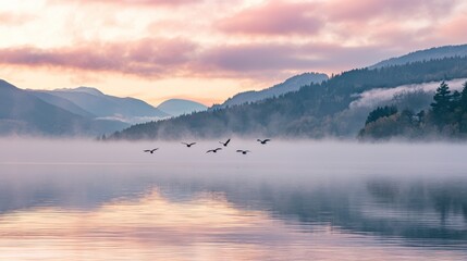 Obraz premium Geese flying over a lake at dawn.