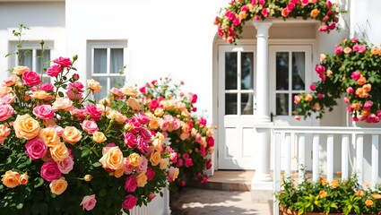 Naklejka premium An straight-perspective, middle-angle photograph shows passing gallery covered in multicolored roses in full bloom against a clean, brilliant white painted house.