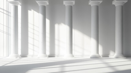 3D rendering of Greek columns on a white background, with soft shadows and diffused light rays
