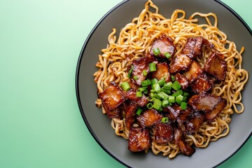 Delicious looking plate of pork noodles garnished with green onions