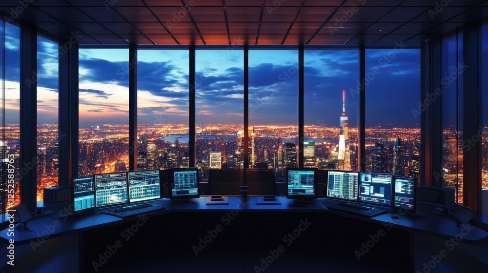 Poster a high-tech control room with futuristic design elements, filled with screens and monitors, offering
