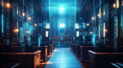 Digital transformation of justice virtual courtroom experience futuristic legal environment high-tech judicial system immersive perspective innovation in law