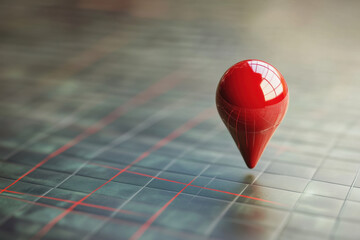 A glossy red navigation marker floating above a grid, symbolizing accurate positioning