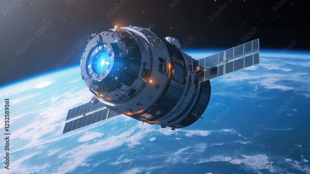 Poster a high-tech spacecraft in orbit around earth, with sleek futuristic designs and glowing lights, repr