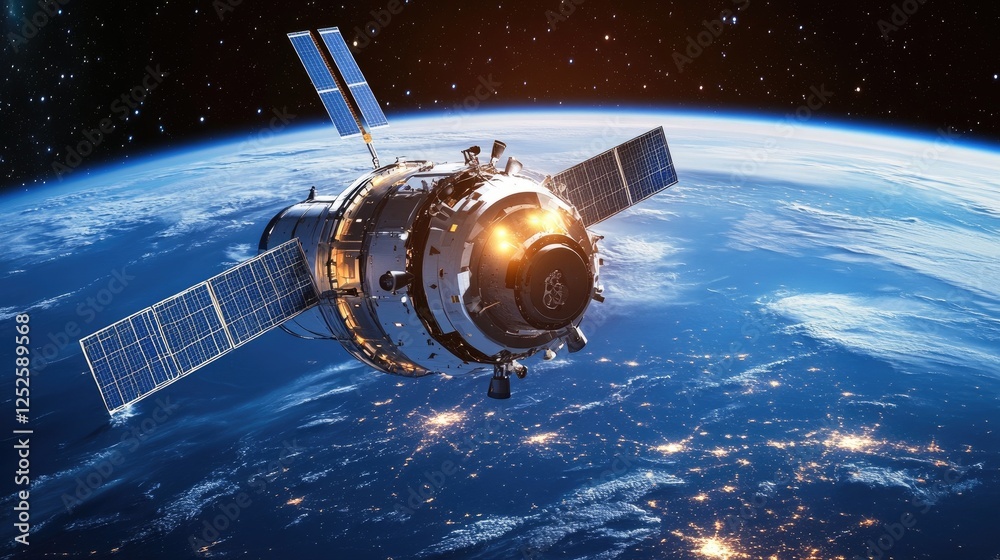 Poster a high-tech spacecraft in orbit around earth, with sleek futuristic designs and glowing lights, repr