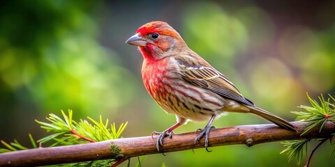 House Finch Perched on Branch, Aerial Forest View, Wildlife Photography