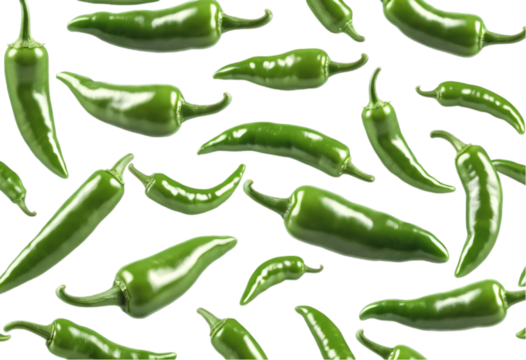 Vibrant Green Chili Peppers Pattern on PNG/Transparent Background. A vibrant seamless pattern of fresh whole green chili peppers isolated against a pure black background