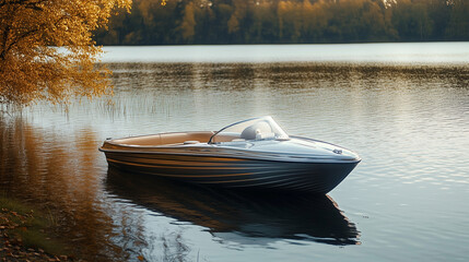 Fototapeta premium Sparkling silver boat cruising on a serene lake, offering a peaceful and reflective water experience.