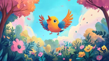 A joyful cartoon bird soaring above colorful trees and flowers, with a vivid and playful backdrop that brings a cheerful atmosphere to a children world