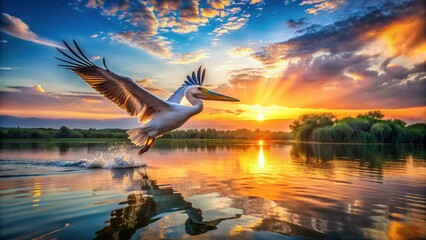Majestic Pelican Soaring over the Danube Delta at Sunrise