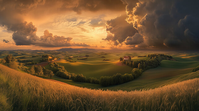 Vast wheat fields under a pale sunrise with clouds thickening, symbolizing nature&rsquo;s peaceful yet powerful rhythm.