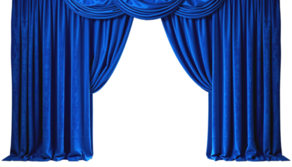 Elegant Royal Blue Theater Curtains Open Wide. A pair of opulent royal blue velvet curtains detailed with subtle texture are open to reveal a blank white space