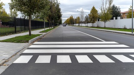 Suburban street with pedestrian crossing, day. Possible use stock photo for city planning, urban design, or safety campaigns