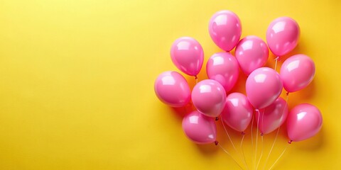 Pink Balloons Yellow Background Flat Lay Product Photography, Space for Text, Double Exposure Effect