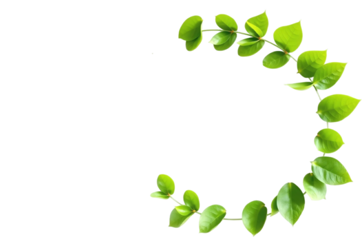 Fresh Green Leaves Forming a Circle Frame. A circular frame of vibrant green leaves and stems arranged neatly against a PNG/Transparent/white background