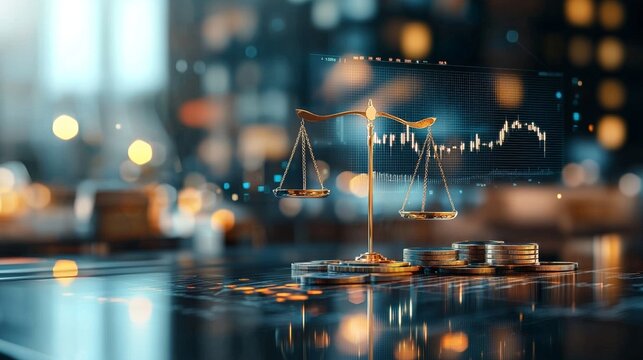 Balancing justice and finance legal symbolism in a modern workspace digital environment business concept professional atmosphere