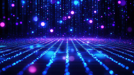 Dark blue background with glowing purple and cyan lights, data flow and digital information technology concept