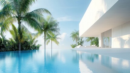 Fototapeta premium Tropical Paradise: Modern Minimalist Villa with Infinity Pool and Lush Palm Trees