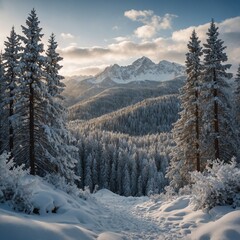 A winter wonderland with snow-covered pine trees and frosty peaks.