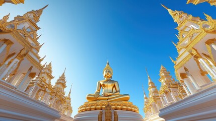 Obraz premium A serene image of a golden Buddha statue surrounded by intricate temple architecture, with a clear blue sky in the background.