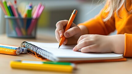 A child is writing in a notebook using an orange pencil, surrounded by colorful markers and a vibrant workspace.