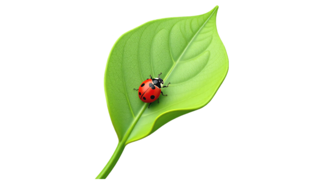 Ladybug on a vibrant green leaf against a PNG/Transparent background. A detailed close-up image of a ladybug resting on a lush green leaf