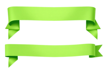 Two Vibrant Green Ribbons for Design Elements. Two bright lime-green ribbons with folded edges isolated on a PNG/Transparent/white background