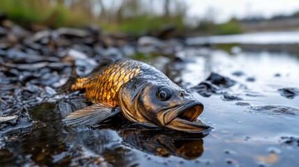 A fish is laying on the ground in a pond