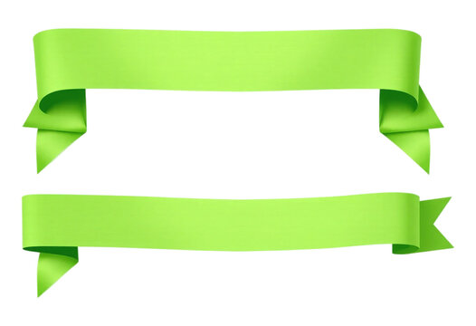 Two Vibrant Green Ribbons for Design Elements. Two bright lime-green ribbons with folded edges isolated on a PNG/Transparent/white background
