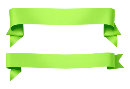Two Vibrant Green Ribbons for Design Elements. Two bright lime-green ribbons with folded edges isolated on a PNG/Transparent/white background