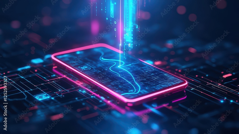 Poster modern smartphone displaying intricate circuit design representing technology innovation and connect