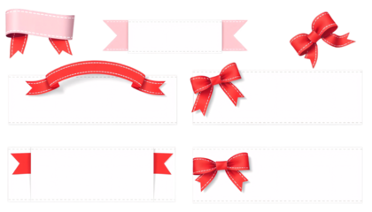 Elegant Red and Pink Ribbons and Bows on Blank White Cards. A set of decorative ribbons and bows in vibrant red and a delicate pink placed on blank white cards