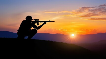A soldier standing guard at sunset, silhouetted against the horizon while holding a rifle.