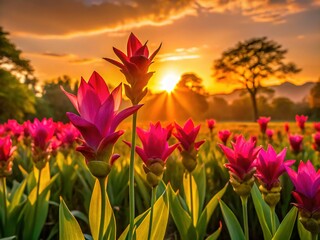 Fototapeta premium Stunning Silhouette of Blooming Siam Tulips in a Tranquil Garden