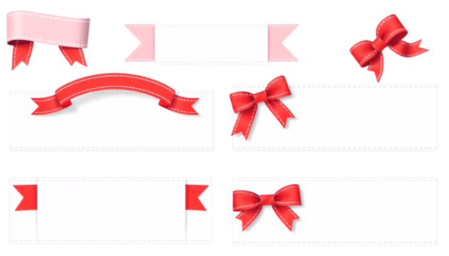 Elegant Red and Pink Ribbons and Bows on Blank White Cards. A set of decorative ribbons and bows in vibrant red and a delicate pink placed on blank white cards