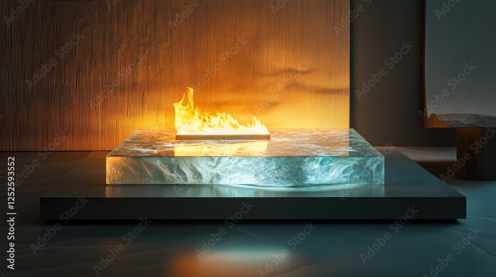 Poster A luminous glass platform with an internal fire, casting flickering light and creating a captivating and modern aesthetic with vibrant illumination