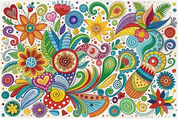 Fototapeta premium Vibrant Abstract Doodle Background: Bright Colors & White Space for Graphic Design